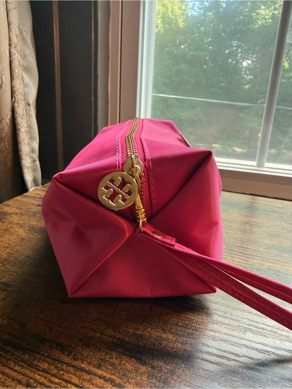 Tory Burch Hot Pink Nylon Wristlet Cosmetic Pouch with Gold Logo